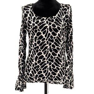 INC Sheer Animal Print Top‎ Womens L Sequins Stretch Fairy Grunge Bell Sleeves